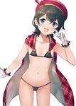  absurdres ass_visible_through_thighs bare_arms bikini black_bikini black_hair blue_eyes breasts canna_(granblue_fantasy) cape collarbone cowboy_shot en@rain gloves granblue_fantasy hair_between_eyes hand_up hat head_tilt highres looking_at_viewer micro_bikini open_mouth plaid red_cape red_hat short_hair small_breasts smile solo stomach string_bikini swimsuit v white_gloves 