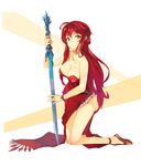  breasts cleavage closed_mouth dress dungeon_and_fighter female_slayer_(dungeon_and_fighter) highres large_breasts long_hair nellen red_hair smile solo sword sword_master_(dungeon_and_fighter) weapon yellow_eyes 