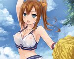  blue_eyes breasts brown_hair cheerleader close clouds coffee-kizoku cropped erect_nipples fang nipples original ponytail scan see_through sky tree wet 