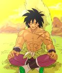  +++ 1boy ^_^ arms_at_sides bah_(dragon_ball) black_hair boots broly_(dragon_ball_super) chest closed_eyes day dragon_ball dragon_ball_super_broly eyes_closed fingernails full_body hands_on_own_knees happy height_difference legs_crossed male_focus mountain muscle outdoors purple_legwear scar shirtless short_hair sitting sky smile tako_jirou wristband yellow_sky 
