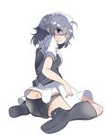  &gt;:) ahoge alternate_color alternate_eye_color ass black_footwear black_panties blue_eyes boots c: izayoi_sakuya looking_back maid maid_headdress panties silver_hair sitting smile solo takashi_(nekoro) touhou underwear v-shaped_eyebrows wariza 