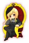  bangs beret blonde_hair blush bow cape chibi crossed_legs hat higurashi_no_naku_koro_ni long_hair lowres pantyhose parted_bangs pencil_skirt red_eyes roku_(345) simple_background sitting skirt smile solo takano_miyo throne 