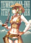  1girl animal_ears belt blowing_smoke breasts chaps character_name cleavage commentary_request contrapposto cowboy_hat denim denim_shorts dog_ears dog_tail english_text finger_on_trigger fingernails furry gluteal_fold green_eyes green_hair gun hand_on_hip handgun hat highres holding holding_gun holding_weapon holster long_fingernails mascot medium_breasts midriff navel pinky_out revolver sheriff_badge short_hair short_shorts shorts shrug_(clothing) smoke smoking_gun solo standing tail taut_vest tewatasanaiinu tokyo_metropolitan_police_department vest weapon wokada 