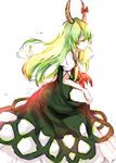  bloom bow closed_eyes curtsey dress ex-keine from_side green_dress green_hair highres horn_bow horns kagari6496 kamishirasawa_keine long_hair red_bow simple_background sketch solo touhou very_long_hair white_background 