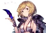  assassin_(granblue_fantasy) benitama blonde_hair breasts cape collarbone commentary_request djeeta_(granblue_fantasy) granblue_fantasy holding holding_knife holding_weapon knife medium_breasts short_hair simple_background solo upper_body weapon white_background 