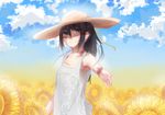  absurdres bare_shoulders black_eyes black_hair blue_sky bunsakuraing burn_scar cloud day dorei_to_no_seikatsu_~teaching_feeling~ dress field flower flower_field hair_between_eyes hair_ribbon hat highres long_hair looking_at_viewer outdoors outstretched_hand ribbon scar sky smile solo sun_hat sundress sunflower sylvie_(dorei_to_no_seikatsu) upper_body 