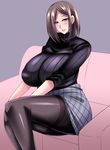  blue_eyes blush breasts brown_hair huge_breasts legs lips looking_at_viewer megane_man miniskirt naughty_face original pantyhose plaid plaid_skirt ribbed_sweater short_hair simple_background sitting skirt solo sweater thighs 