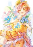  bouquet bow detached_sleeves dress floral_background floral_print flower frills hair_ornament hairclip hat hat_bow hat_flower hoshizora_rin lace long_dress looking_at_viewer love_live! love_live!_school_idol_project open_mouth orange_hair rio_(9251843) short_hair skirt_hold smile solo striped x_hair_ornament yellow_eyes 