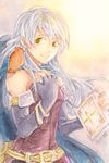  bad_id bad_pixiv_id bare_shoulders black_gloves black_legwear blue_scarf dress elbow_gloves fingerless_gloves fire_emblem fire_emblem:_akatsuki_no_megami gloves hair_ribbon half_updo liu_(naiqin) long_hair micaiah pantyhose ribbon scarf side_slit silver_hair sleeveless sleeveless_dress smile solo traditional_media yellow_eyes yune 