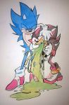  2018 anthro clothing crying domination duo emetophilia eulipotyphlan fangs footwear forced forced_vomit full-length_portrait fur gloves green_eyes hedgehog male mammal multicolored_fur open_mouth pain portrait red_eyes sadism shadow_the_hedgehog shoes simple_background smile smirk sonic_(series) sonic_the_hedgehog standing submissive_male tears teeth torture traditional_media_(artwork) triplecancer vomit white_background 