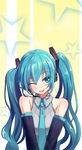 ;d aqua_eyes aqua_hair bare_shoulders blush breasts detached_sleeves gradient gradient_background hatsune_miku head_tilt headset highres long_hair looking_at_viewer medium_breasts nai_zi necktie one_eye_closed open_mouth smile solo star starry_background twintails upper_body vocaloid wing_collar 