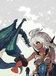  armor armored_dress black_gloves blue_dress bow dark_skin dragon dress gloves granblue_fantasy iwasaki_takashi long_hair red_bow silver_hair solo zooey_(granblue_fantasy) 