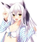  animal_ears blush bra bracelet collarbone eyebrows eyebrows_visible_through_hair fox_ears hair_ornament hooded_top jewelry long_hair looking_at_viewer nagishiro_mito open_clothes open_shirt original shirt simple_background smile solo underwear white_background white_hair yellow_eyes 