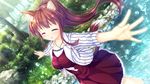  animal_ears bangs blunt_bangs blush closed_eyes dress dutch_angle faura_linans forest game_cg hair_ornament highres jewelry long_hair nature necklace ponytail ryoumoto_ken solo tail water water_drop world_election 
