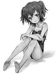 akagi_miria barefoot bismarcho competition_school_swimsuit crossed_arms feet greyscale head_tilt idolmaster idolmaster_cinderella_girls looking_at_viewer monochrome one-piece_swimsuit school_swimsuit short_hair short_twintails sitting smile solo swimsuit twintails 