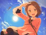  :d black_skirt blouse blue_sky breasts brown_hair cloud cloudy_sky day from_below hair_ornament hairclip hand_up key key_necklace kinta_(distortion) looking_at_viewer medium_breasts open_mouth original outdoors pink_blouse short_hair skirt sky sleeves_past_elbows smile solo sun teeth upper_body yellow_eyes 