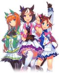  animal_ears bangs blue_eyes border brown_hair fading_border gloves gold_trim horse_ears horse_girl horse_tail long_hair mckeee multicolored_hair multiple_girls official_art orange_hair pantyhose pointing pointing_up purple_eyes silence_suzuka special_week tail thighhighs tokai_teio transparent_background two-tone_hair umamusume white_border 