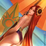  alternate_costume ass backless_swimsuit badcompzero bare_arms bare_back bare_shoulders beach beach_umbrella breasts day dutch_angle flower from_behind gradient_hair hair_flower hair_ornament hand_up league_of_legends leona_(league_of_legends) light_smile lips long_hair looking_at_viewer looking_back medium_breasts multicolored multicolored_clothes multicolored_hair multicolored_swimsuit nail_polish nose ocean one-piece_swimsuit orange_eyes orange_hair orange_umbrella outdoors patreon_username pink_nails pool_party_leona purple_swimsuit shadow sideboob signature solo standing straight_hair sunflower surfboard swimsuit thighs tumblr_username umbrella very_long_hair watermark web_address yellow_flower yellow_swimsuit 
