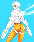  ass ban blue_background bodysuit commentary_request dual_wielding goggles gun highres holding holding_gun holding_weapon orange_bodysuit overwatch short_hair simple_background smile solo tracer_(overwatch) weapon yellow_eyes 