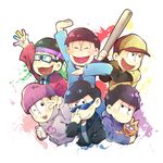 6+boys ;3 baseball_uniform beanie bespectacled black_hair blue_necktie brothers cat cellphone closed_eyes commentary_request esper_nyanko formal glasses glowstick green_eyes happi hat heart heart_in_mouth jacket japanese_clothes leather leather_jacket male_focus matsuno_choromatsu matsuno_ichimatsu matsuno_jyushimatsu matsuno_karamatsu matsuno_osomatsu matsuno_todomatsu multiple_boys necktie one_eye_closed osomatsu-kun osomatsu-san osomatsu_(series) paint_splatter phone sextuplets sheeeh! shiomizu_(swat) siblings smartphone sportswear suit sunglasses 