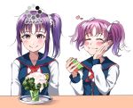  2girls absurdres bangs blush broccoli commentary_request eating eyebrows_visible_through_hair eyes_closed food forced_smile hair_ribbon heart highres kazuno_leah kazuno_sarah love_live! love_live!_sunshine!! mcdonald&#039;s multiple_girls pink_eyes plate product_placement purple_hair ribbon saint_snow school_uniform scrunchie shaka_(staito0515) siblings side_ponytail sidelocks sisters table translation_request twintails white_ribbon white_scrunchie 