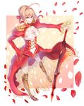  aestus_estus blonde_hair boots breasts cleavage epaulettes fate/extra fate_(series) green_eyes hand_on_hip highres holding holding_sword holding_weapon large_breasts looking_at_viewer nero_claudius_(fate) nero_claudius_(fate)_(all) petals see-through shao_(newton) smile solo sword weapon 