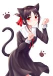  1girl animal_ears bangs blush brown_dress brown_hair brown_hairband cat_ears cat_girl cat_tail closed_mouth collarbone collared_dress commentary_request dress eyebrows_visible_through_hair fake_animal_ears hair_ribbon hairband hands_up highres kaguya-sama_wa_kokurasetai_~tensai-tachi_no_renai_zunousen~ kemonomimi_mode long_sleeves neck_ribbon parted_bangs red_eyes red_ribbon ribbon seungju_lee shinomiya_kaguya sidelocks simple_background solo tail tail_raised white_background 