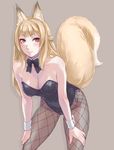  animal_ears blush bow bowtie breasts cleavage detached_collar fishnet_pantyhose fishnets fox_ears fox_tail grey_background large_breasts leotard long_hair looking_at_viewer original pantyhose playboy_bunny_leotard purple_eyes saba_no_misoni_(doddosi) simple_background slit_pupils smile solo tail wrist_cuffs 