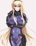  blonde_hair blue_eyes bodysuit breasts cleavage covered_navel covered_nipples cureecoolan grey_background hairband irisdina_bernhard large_breasts long_hair looking_at_viewer muvluv pilot_suit schwarzesmarken simple_background skin_tight solo standing very_long_hair 