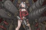  black_eyes black_hair breasts cleavage drill gun heterochromia medium_breasts multicolored_hair original red_eyes rifle short_hair solo steampunk thighs weapon weltol white_hair 