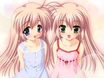  2girls blonde_hair blue_eyes blush game_cg green_eyes hajimete_no_o-isha-san loli long_hair mizuki_saori mizuki_shiori nanami_to_konomi_no_oshiete_abc shin-go summer_dress twins 