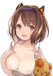  :d amripo apron areola_slip areolae breast_suppress breasts brown_hair cleavage collarbone draph dress frilled_apron frills granblue_fantasy hair_bobbles hair_ornament hairband horns large_breasts looking_at_viewer naked_apron open_mouth oppai_loli short_hair simple_background smile solo stuffed_animal stuffed_toy teddy_bear upper_body white_background yaia_(granblue_fantasy) yellow_eyes 