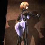  against_wall anett_hosenfeld ass bodysuit breasts clenched_teeth covered_nipples from_behind from_below genya_(genya67) green_eyes highres imminent_rape looking_back medium_breasts muvluv pilot_suit red_hair schwarzesmarken shadow shiny shiny_clothes short_hair skin_tight solo teeth 