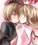  brown_eyes brown_hair capelet dual_persona hand_on_another's_shoulder hat imminent_kiss lily_black lily_white long_hair multiple_girls open_mouth selfcest short_hair touhou upper_body yohane yuri 