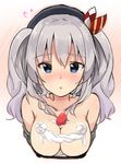  bare_shoulders beret blush breasts cleavage cream food food_on_body fruit grey_eyes hat kantai_collection kashima_(kantai_collection) large_breasts looking_at_viewer off_shoulder silver_hair simple_background solo strawberry suzuki_toto twintails upper_body 