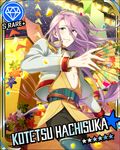  bad_id bad_pixiv_id blue_eyes card_(medium) card_parody character_name cinderella_girls_card_parody fan folding_fan hachisuka_kotetsu hako_(gyhujikolp) jacket japanese_clothes male_focus open_clothes purple_hair smile solo touken_ranbu 