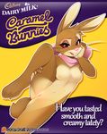  2016 anthro bedroom_eyes blush bow breasts buckteeth cadbury_bunny claws english_text female half-closed_eyes lagomorph looking_at_viewer lying mammal navel nipples on_side parody patreon pussy rabbit raised_leg seductive small_breasts smile solo spread_legs spreading teeth text toe_claws tsampikos 