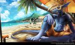  anthro aquatic_dragon armband beach blue_skin collar dragon fin grin ladon male markings penguinex scalie sea seaside solo swim_shorts water webbed_feet webbed_hands 