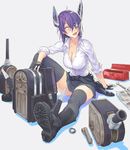  :d black_gloves black_legwear boots breasts cleavage clothes_around_waist eyepatch gloves headgear kantai_collection knee_up large_breasts open_mouth purple_hair sitting skirt smile solo teeth tenryuu_(kantai_collection) thighhighs toolbox turret wrench yellow_eyes yuuji_(and) 