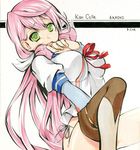  akashi_(kantai_collection) breasts green_eyes hair_ribbon kantai_collection large_breasts long_hair long_sleeves looking_at_viewer no_pants panties parune_chigetsu pink_hair ribbon school_uniform serafuku side-tie_panties solo traditional_media tress_ribbon underwear white_panties 