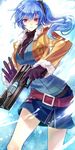  achan_(blue_semi) alternate_costume belt blue_hair claire_rieveldt coat cowboy_shot eiyuu_densetsu gloves gun holding holding_gun holding_weapon jewelry looking_at_viewer miniskirt necklace red_eyes sen_no_kiseki sen_no_kiseki_2 side_ponytail skirt solo sweater weapon 