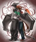  2012 abstract_background absurd_res anthro black_scales claws clothed clothing digital_media_(artwork) dragon fin green_eyes grey_scales hands_in_pockets hi_res hoodie horn khyaber khyaber_(character) larger_male male male/male membranous_wings morghus multicolored_scales pants scales scalie size_difference slit_pupils smaller_male standing sweater toe_claws wings yellow_eyes 