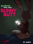  2016 alorix anthro bed bottomless bunny_butt_(alorix) cellphone clothed clothing comic cover disney inner_ear_fluff judy_hopps mammal on_bed panties phone rear_view sitting text underwear zootopia 