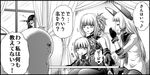 aoki_hagane_no_arpeggio bangs blunt_bangs blush chibi comic curtains dress dual_persona eighth_note gloves greyscale grin hair_up hand_on_own_knee headgear heart hiding kaname_aomame kantai_collection kongou_(aoki_hagane_no_arpeggio) long_hair monochrome murakumo_(kantai_collection) musical_note nagato_(kantai_collection) pantyhose partially_translated partly_fingerless_gloves sailor_dress smile spoken_heart spoken_musical_note sweatdrop table translation_request window 