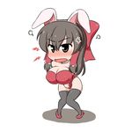  anger_vein angry animal_ears black_legwear blush bow breasts brown_eyes brown_hair bunny_ears bunny_girl bunnysuit chibi covered_nipples d: hair_bow hair_tubes hakurei_reimu high_heels large_bow large_breasts leotard long_hair moyashi_udon open_mouth pigeon-toed puffy_nipples red_bow red_leotard solo steam thighhighs touhou tsurime v-shaped_eyebrows v_arms 