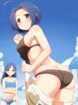  ahoge antenna_hair ass bikini blue_hair breast_envy breasts groin highres idolmaster idolmaster_(classic) jitome kisaragi_chihaya large_breasts long_hair miura_azusa multiple_girls red_eyes sarong short_hair smile swimsuit tachimi_(basue) tareme 