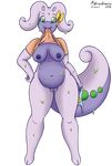  2016 anthro areola belly bottomless bow breasts clothed clothing clothing_lift dragon female goodra green_eyes hand_on_hip marukomuru navel nintendo nipples panties pok&eacute;mon pussy shirt shirt_in_mouth shirt_lift slightly_chubby solo striped_panties underwear video_games voluptuous 