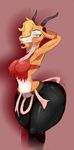  2016 antelope anthro antlers belt big_breasts breasts brown_fur clothing disney female fur gazelle gazelle_(zootopia) horn jaynatorburudragon looking_at_viewer mammal nipples orange_eyes simple_background solo sweat wide_hips zootopia 