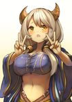  blush breasts camieux double_v draph gradient gradient_background granblue_fantasy highres horns hukahire0120 large_breasts long_hair navel open_mouth solo upper_body v white_hair yellow_eyes 