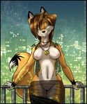  anthro beauty_mark bedroom_eyes breasts brown_hair canine cherushi city clothing female fox fur hair half-closed_eyes jewelry mammal mostly_nude navel navel_piercing necklace nipples piercing pussy seductive shadla sheer_clothing solo translucent transparent_clothing yellow_fur 